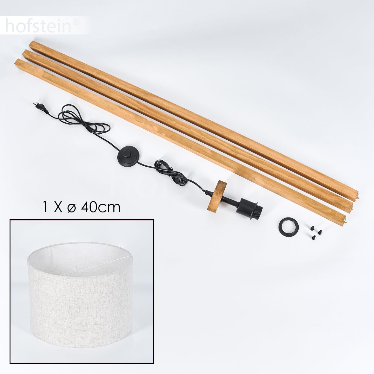 Stehleuchte Bassagoda, Stehlampe aus Holz/Stoff in Naturfarben/Beige, Leuchte im skandinavischen Design mit rundem Schirm (Ø 40 cm) u. Fußschalter, Höhe 154 cm, 1 x E27, ohne Leuchtmittel