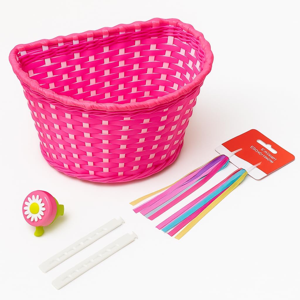 ANZOME Girls Bike Basket Kit - Pink Woven Bicycle Front Basket with Flower Bell & Streamers, Kids Handlebar Accessories Set, Cute DIY Decor Gift for Toddler Bike & Scooter (Christmas/Birthday)