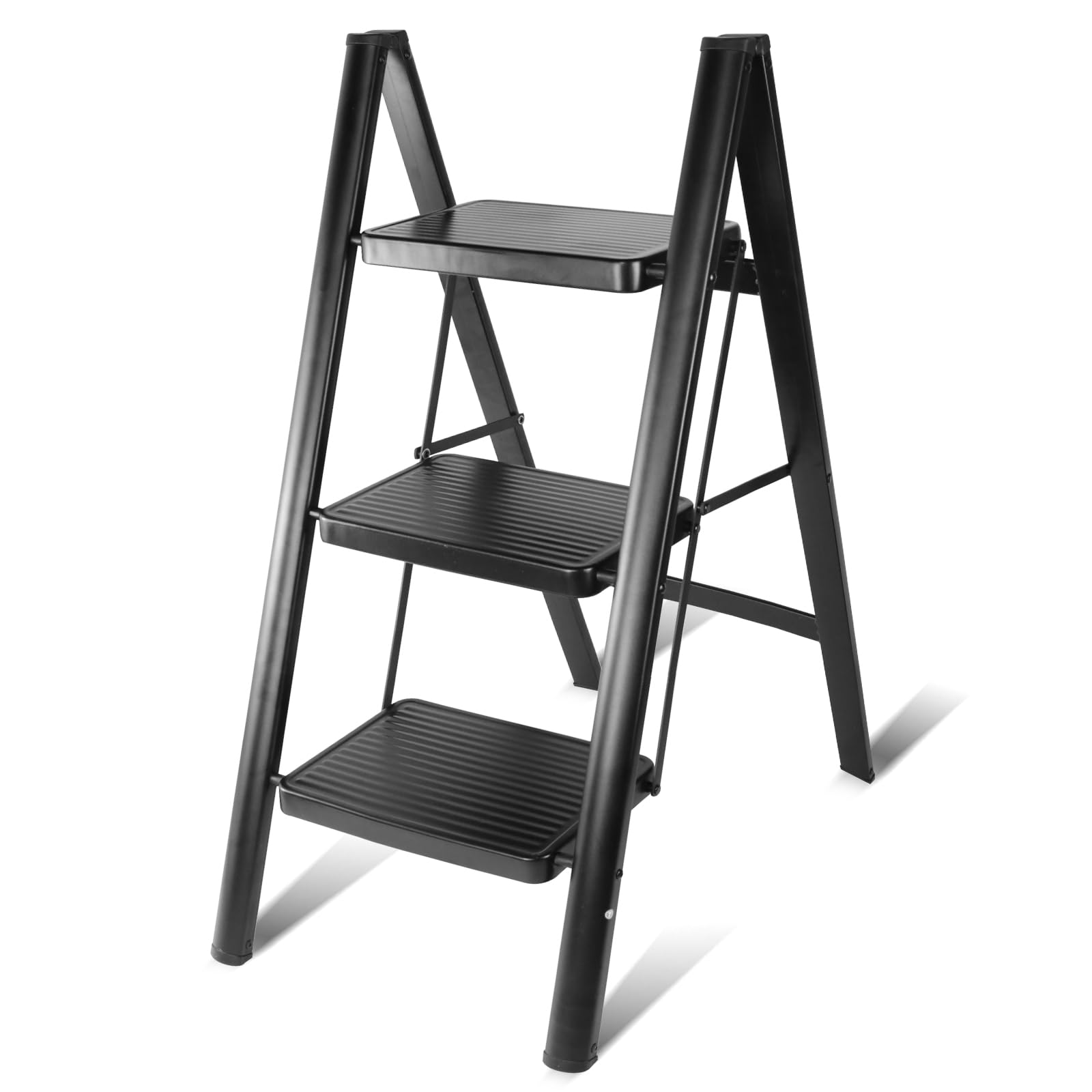Step Ladder, 3 Steps, Kitchen Ladder, Iron, Wide Steps, Stable Load 150 kg, Easy to Carry