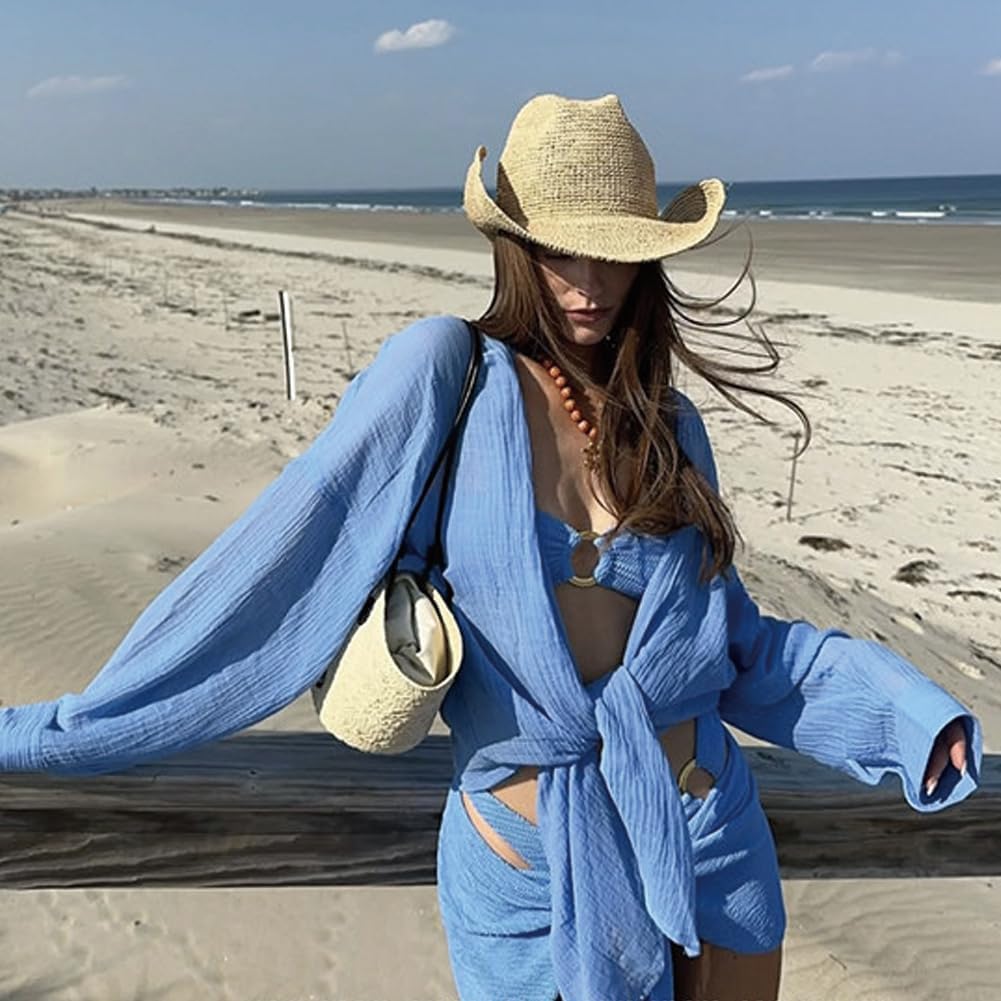 Raffia Straw Cowboy Hat for Women Men Foldable Beach Hat Rodeo Western Straw Cowgirl Hat Handwoven Natural Straw