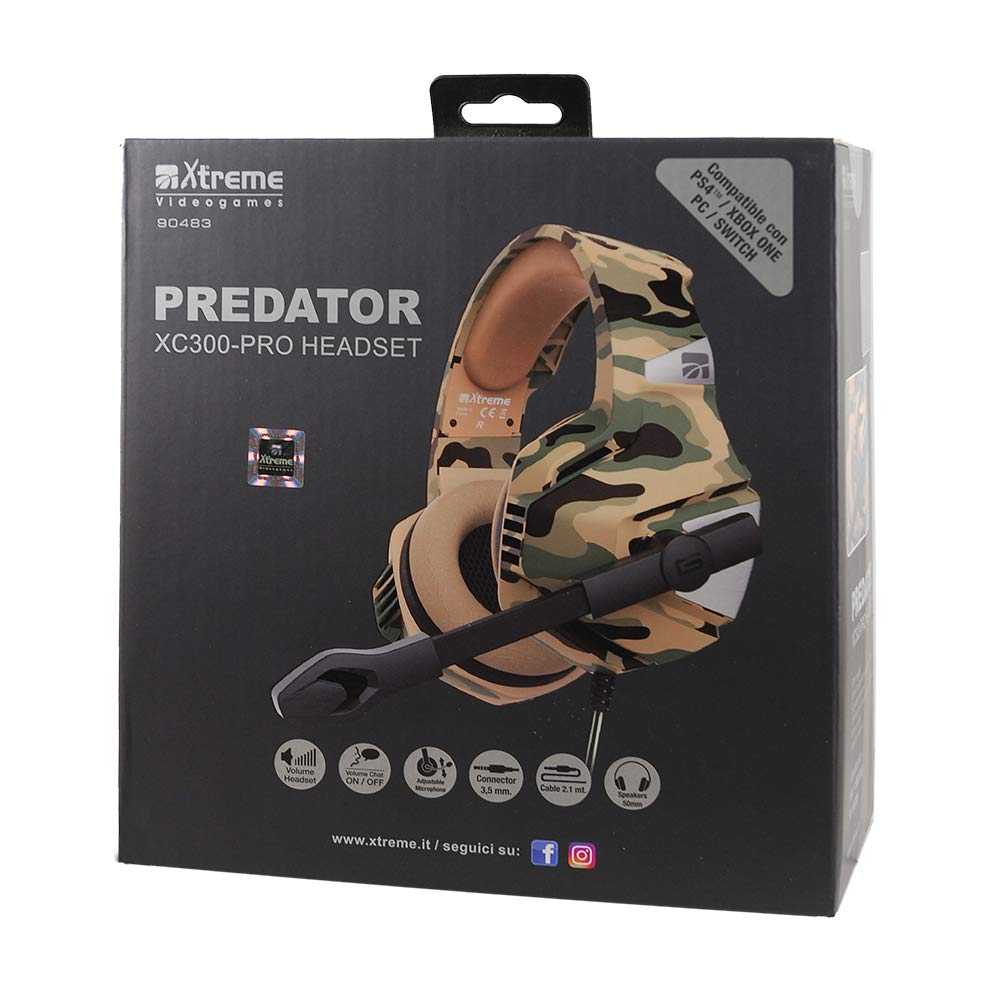 Xtreme Cuffia Gaming Predator XC300 Pro Headset - Camo, Con Microfono Regolabile, Altoparlanti 50mm, Isolamento Acustico, Compatibile PS4/PS5/XBOX ONE/XBOX X/SWITCH/PC, Cavo 2,1 mt
