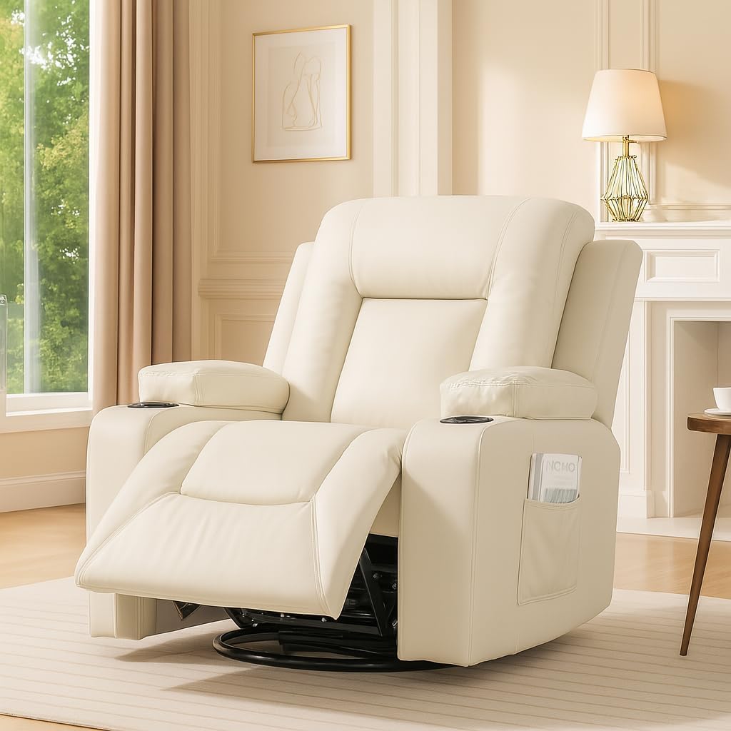 COMHOMA Recliner Chair,PU Rocking Chair for Adults,Swivel Recliner with Cup Holders,Single Sofa Seat with Side Pockets for Living Room,Bedroom(White)