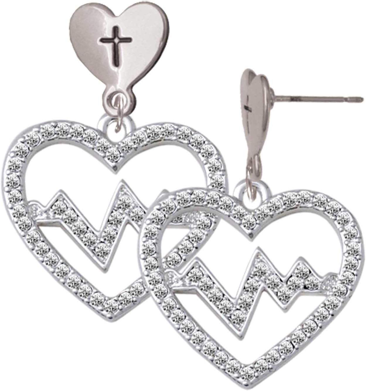 Delight Jewelry Silvertone Large Crystal Heart with Heartbeat Cross in Heart Post Dangle Earrings