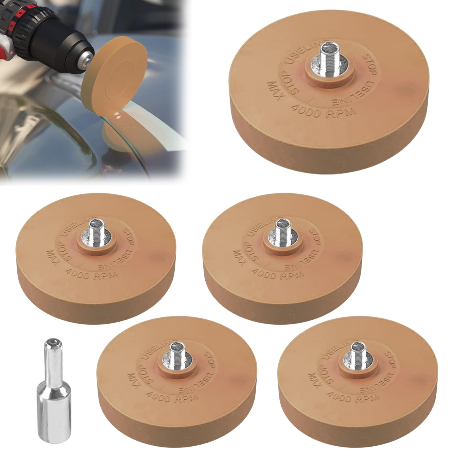 Set di 5 gomme per pellicole con 1 adattatore, disco per cancellare, gomma per cancellare, ruota di pellicole e residui di colla sul veicolo, auto o moto
