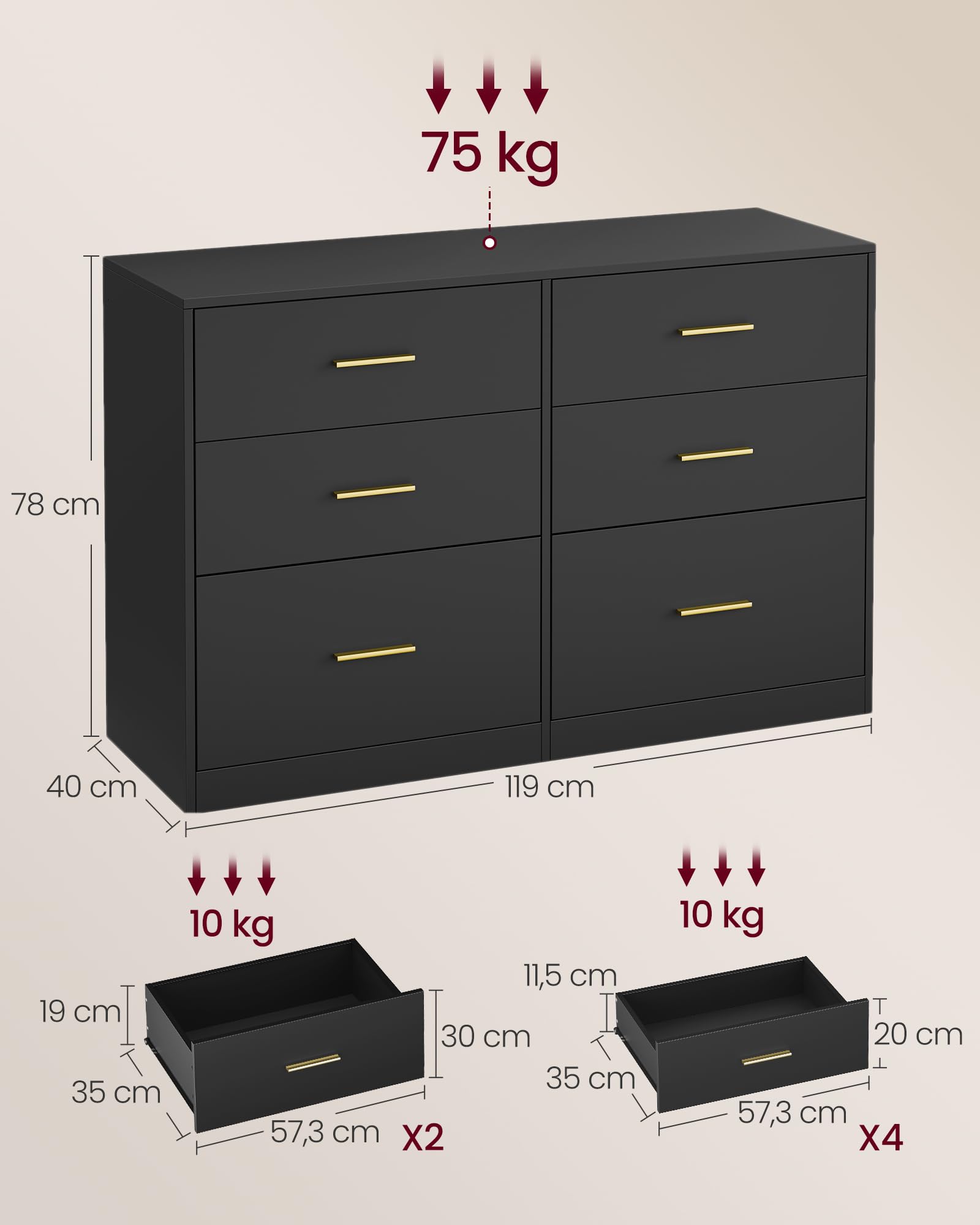 VASAGLE Custos Collection - Commode de Chambre, Armoire à Tiroirs pour Dressing, Style Moderne, Meuble TV pour Salon, 6 Tiroirs, 40 x 119 x 78 cm, Noir d'encre LTS416BC01