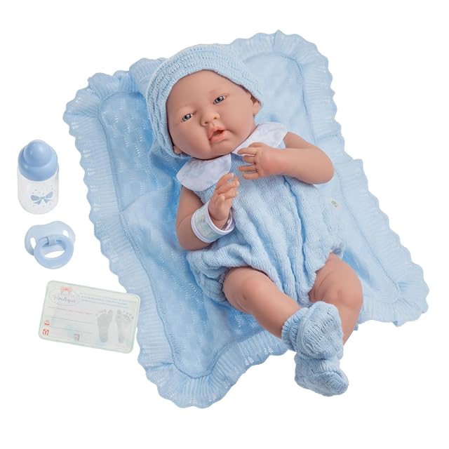 JC TOYS- Muñeca La Newborn recién Nacida de 38 cm es de Vinilo Suave, con Ropa de Punto y Accesorios, Azul, está Fabricada en España y diseñada por Berenguer, Edad + 2años