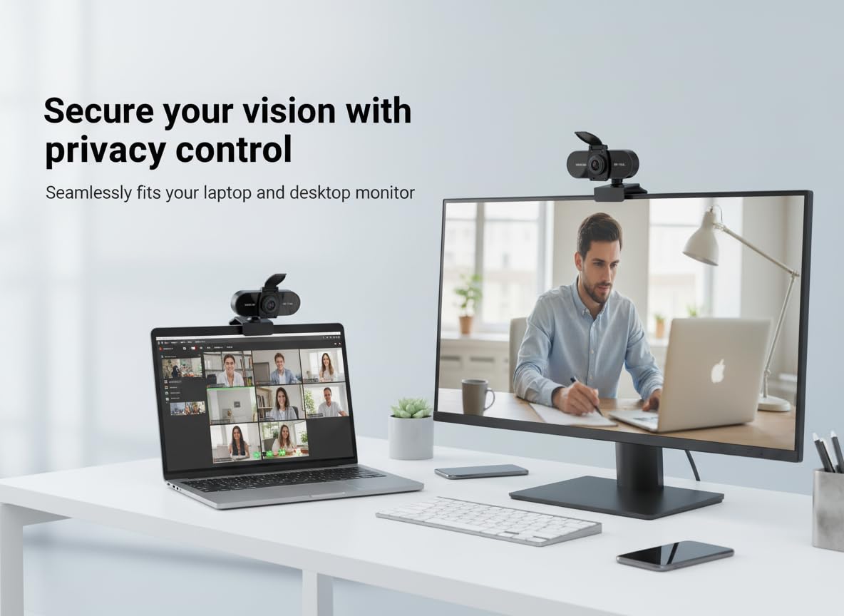 Webcam HD 2K P con messa a fuoco automatica con microfono, cancellazione del rumore, copertura della privacy, obiettivo grandangolare, correzione automatica della luce, webcam USB Plug & Play, per
