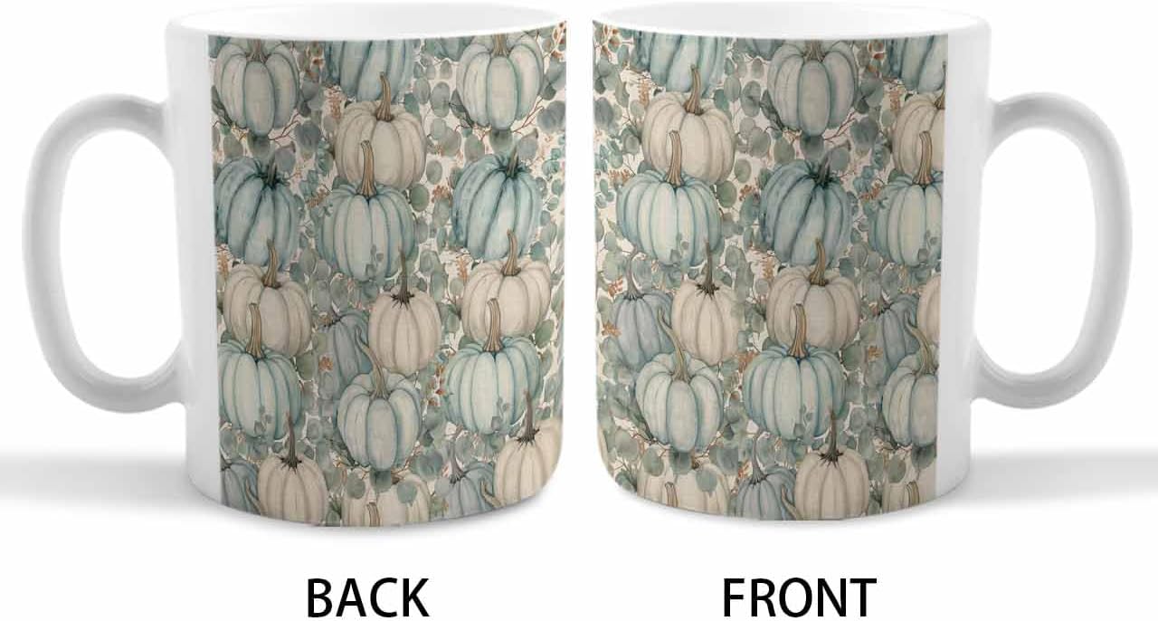 BEMIGO Ceramic Coffee Mug Blue Pumpkin Eucalyptus Leaves Ceramic Mug White Cup, Thanksgiving Fall Farmhouse Insulated Coffee Cup with Handle with Pattern Perfect for Tea and Hot Beverages, 12oz