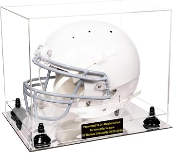 Better Display Cases Clear Acrylic Full-Size Football Helmet Display Case with Custom Name Plate, Clear Case, Black Risers and Mirror Base A002/V44