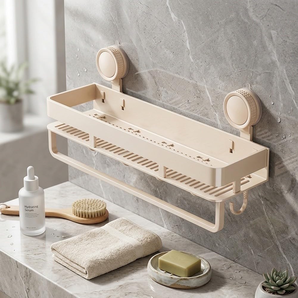 Organizador de ducha sin taladros montado en la pared, estantes de baño inoxidables con fuerte succión para almacenamiento de artículos de tocador, color crema, 40 x 12 x 19 cm