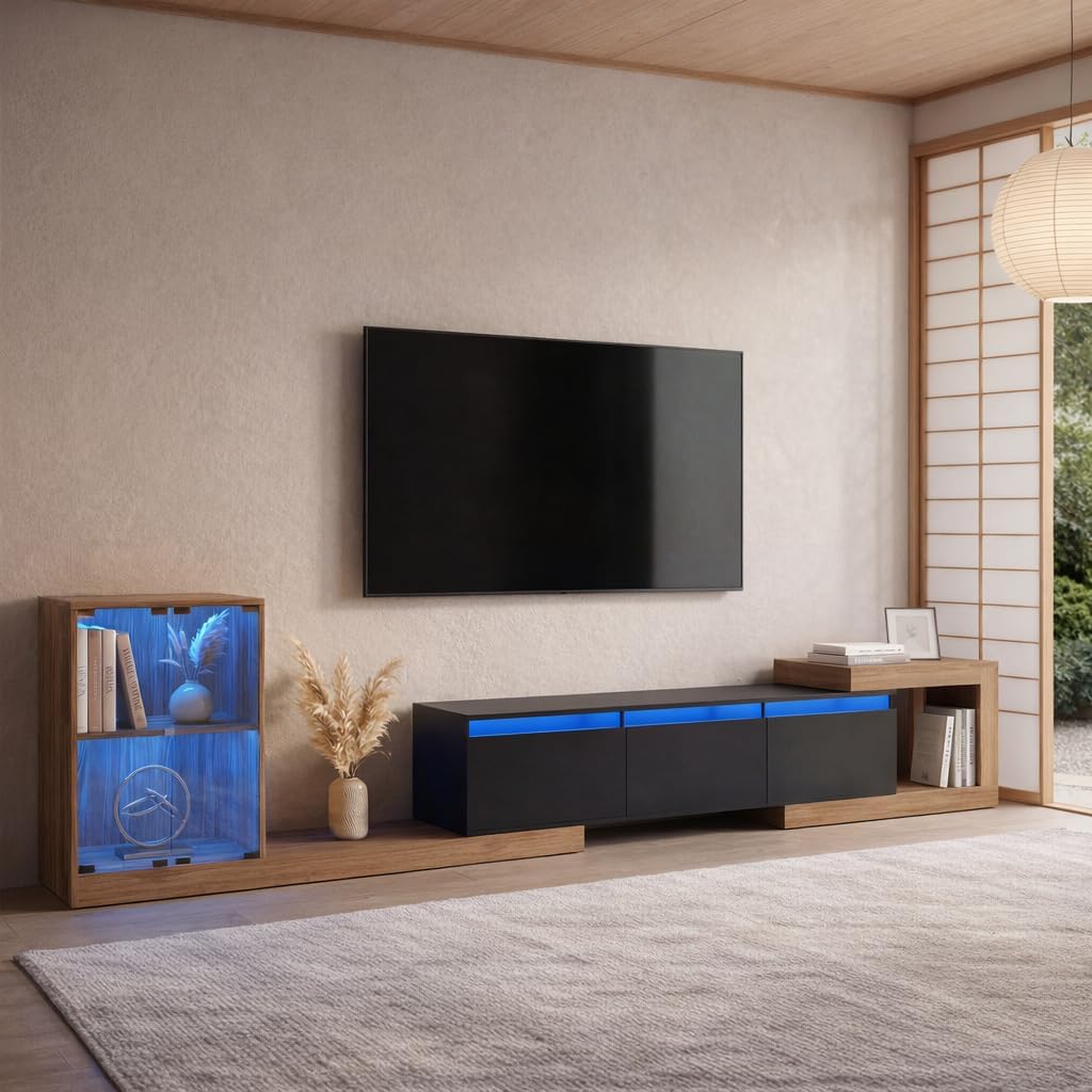 Extendable TV Stand with Glass Cabinet for 75”-110” TVs, Modern Entertainment Center with LED, 2 Drawers and Media Storage, Adjustable Length TV Console for Living Room Bedroom (Black,85.4"-129.5")