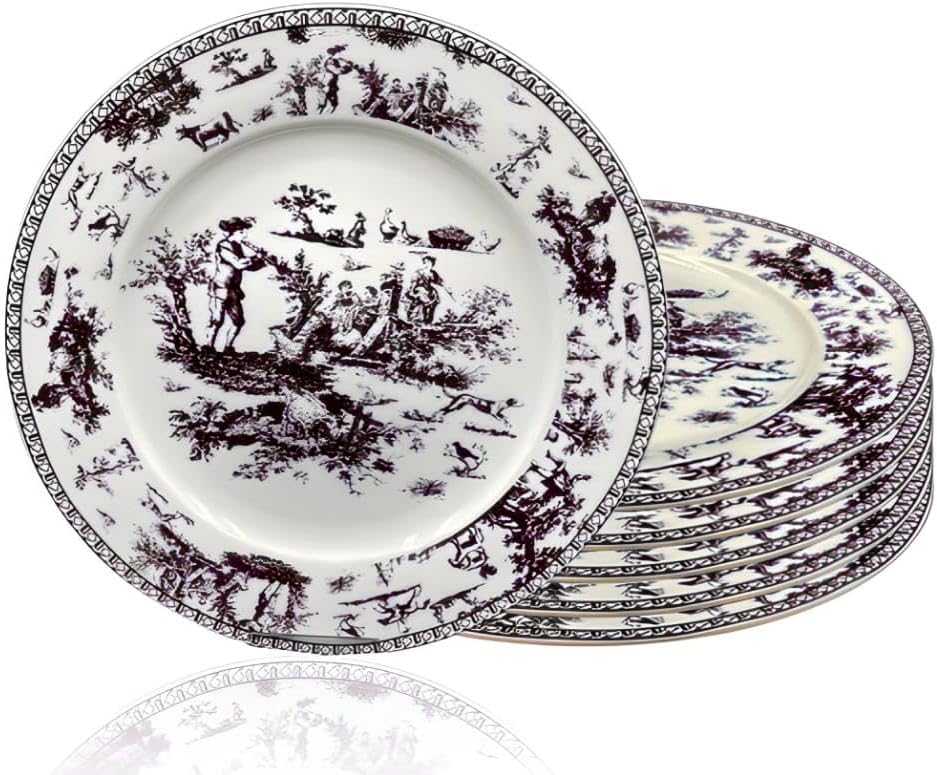 W&S CLASSICS Classic French Luxury Round Dinner Plates | 10.5 Inches Colorful Ceramic Flat Plates – Set of 6| Large Serving Plates for Party | Dishes for Appetizer, Salad, Desert, Steak (Black)