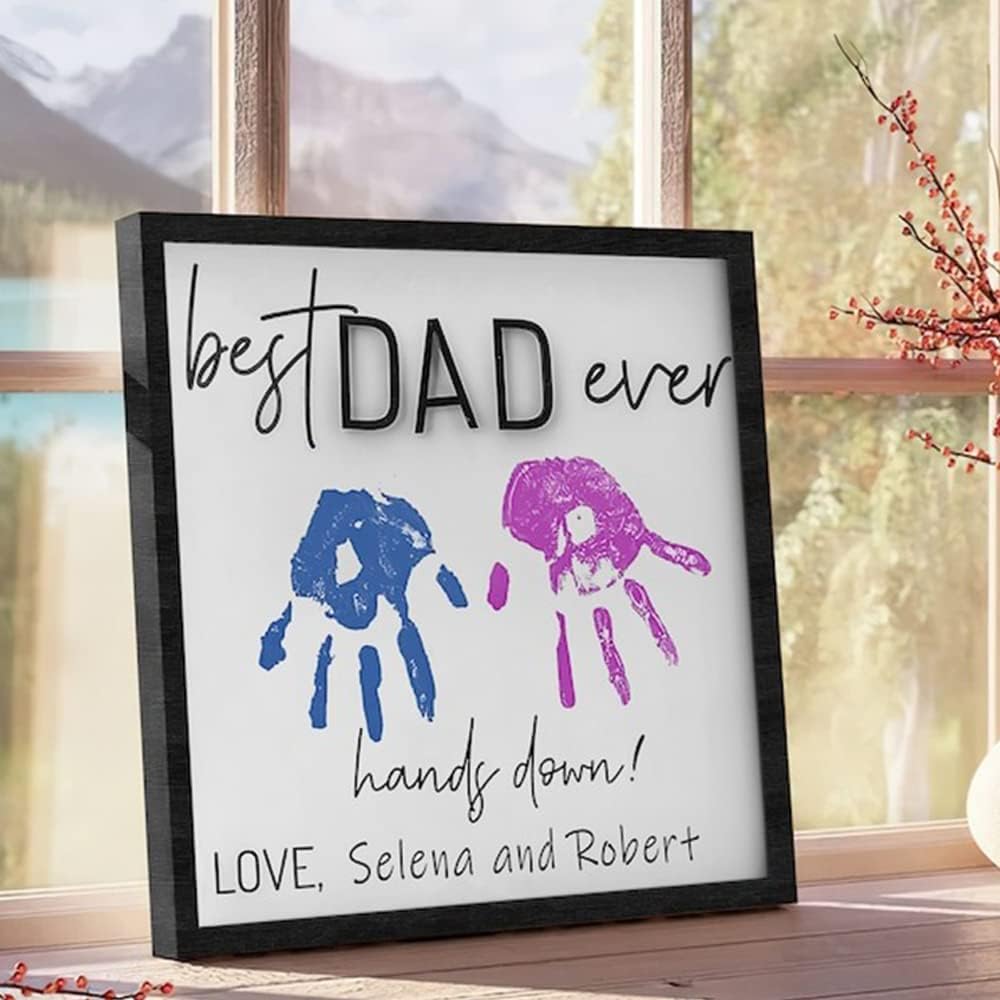 Custom Handprint Sign for Dad, Personalized Dad with Kid Handprint Color Sign, Gifts for Grandpa, Dad, Engraved Keepsake for Dad, Papa, Grandpa, Fathers Day, Christmas