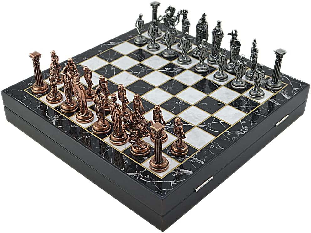 Metal Chess Set for Adults Royal British Army Antique Copper,Handmade Pieces and Different Design Wooden Chess Board with Storage (Marble)