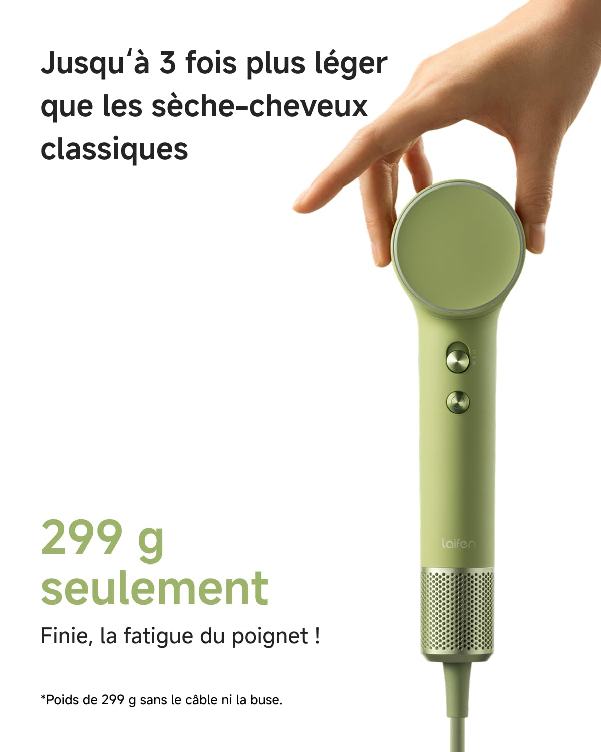 Laifen Mini Seche Cheveux de Voyage avec Sac, 110 000 tr/min, 299g, Vert | 110k Tr/Min, Sèche Ionique Voyage, 200M Ions Nég., 61dB, Étui Inclus.