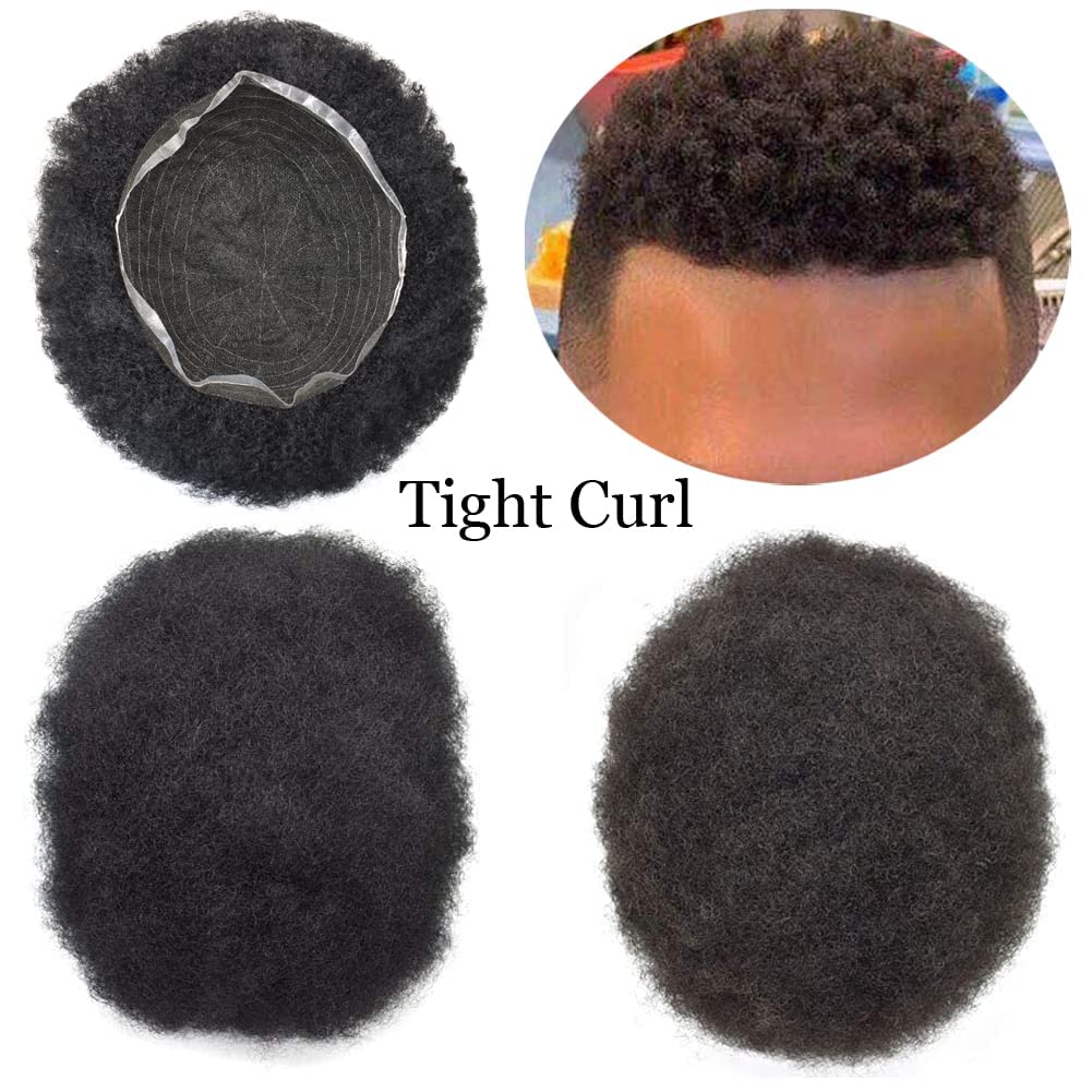Men's Toupee for Black Men Afro Toupee African American Wigs Full French Lace Human hair replacement system for black men 8x10'' African Curly Afro Mens man weave #1 Jet Black-6MM AFRO WAVE CURL