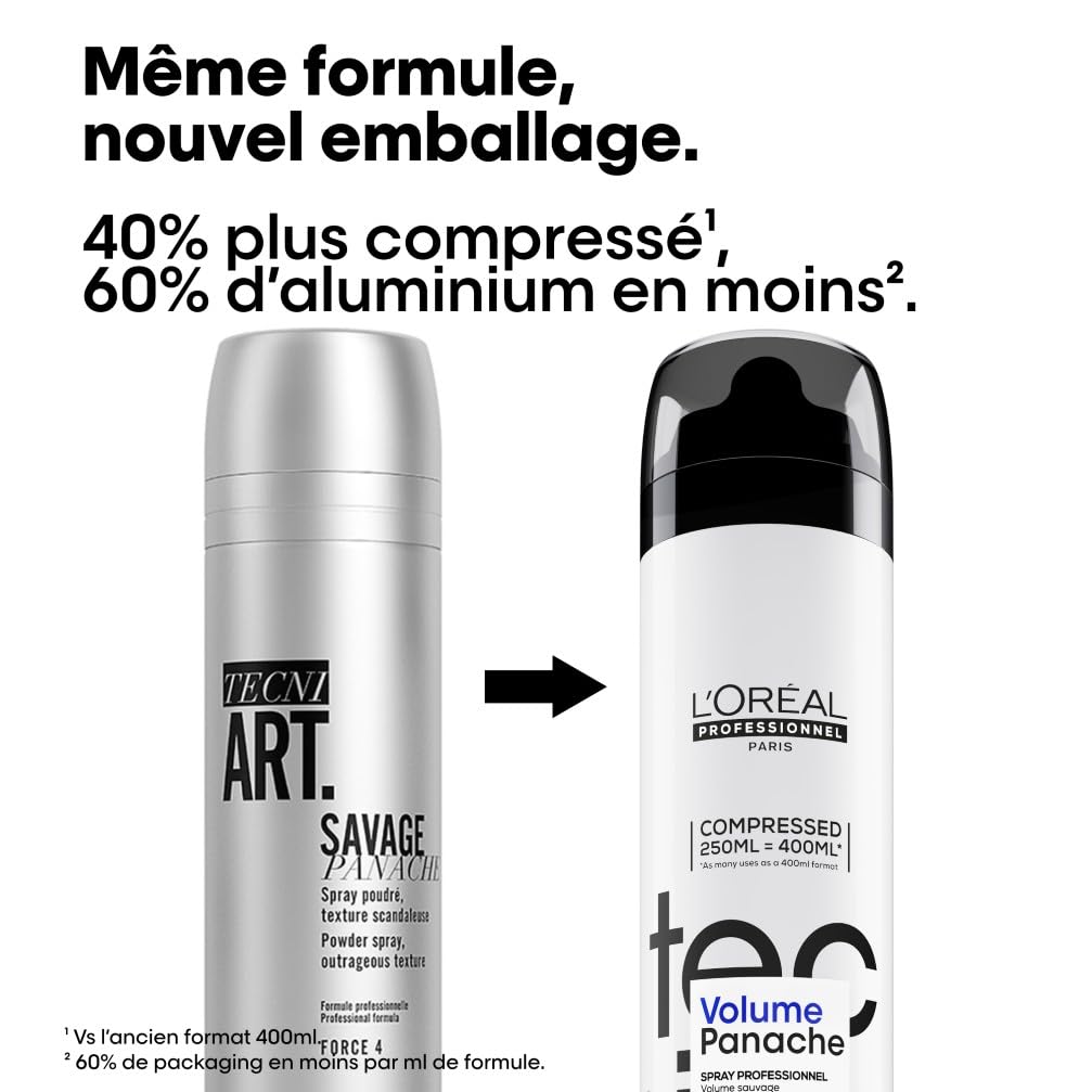 L'OREAL PROFESSIONNEL - Spray Coiffant Volume Panache Tecni Art - Volume Sauvage Maximal & Fini Mat Poudré - Homme & Femme - Sans Résidus & Toucher Sec - Convient aux Cheveux Raides à Bouclés - 250 ml