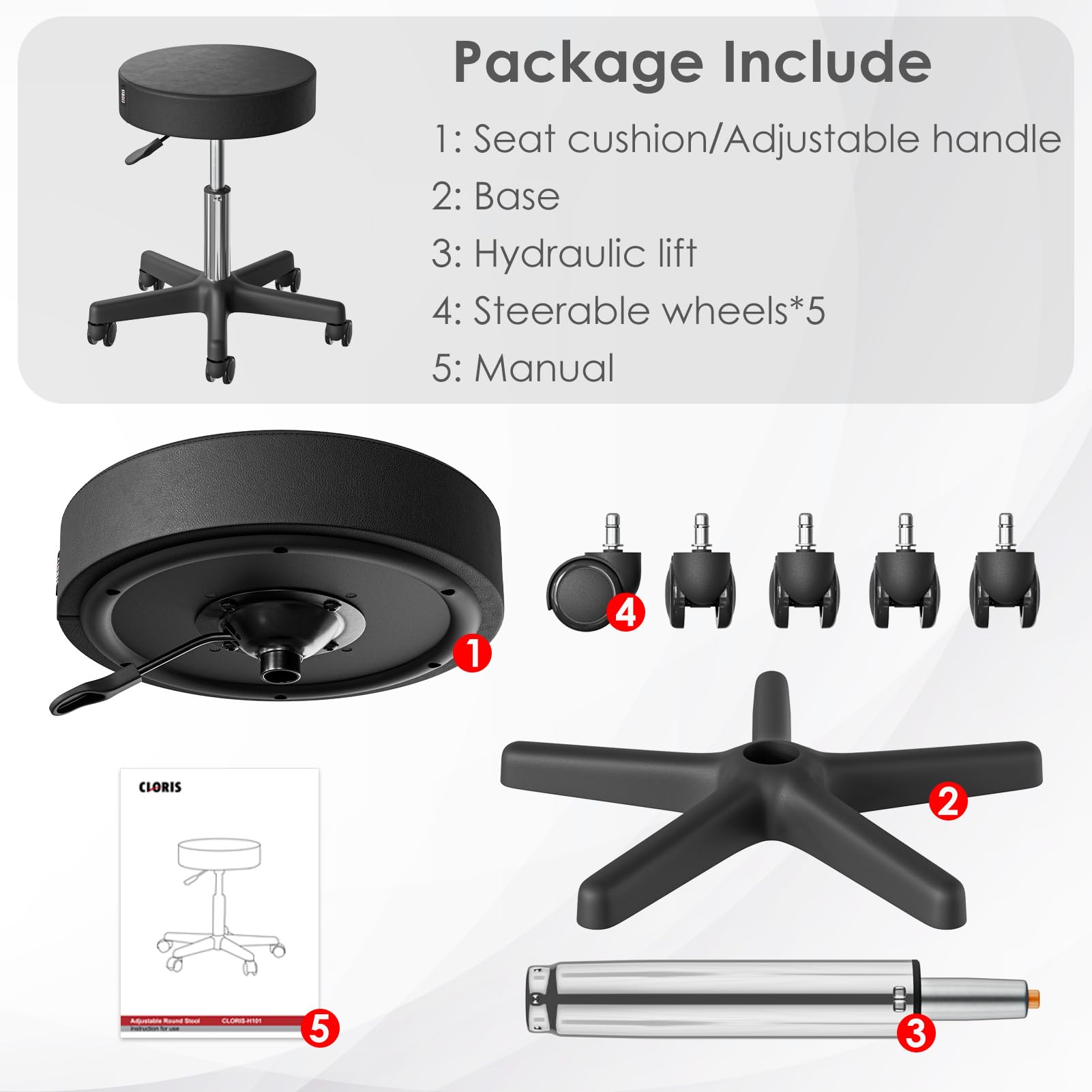 Taburete redondo con ruedas con capacidad para hasta 350 libras, altura ajustable, patas de nailon con ruedas para spa, masaje, salón, hogar, oficina, médico, tatuaje, bar, negro 7