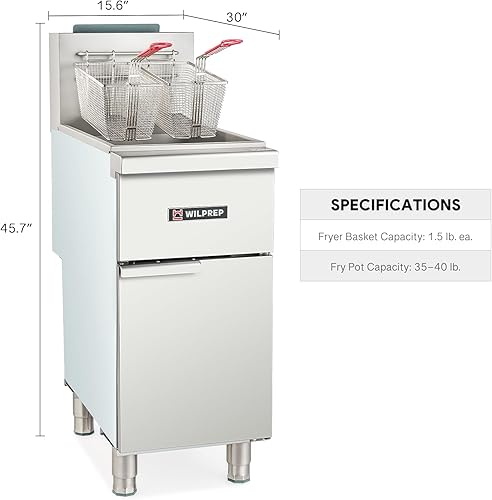 Miniatura 8 de WILPREP Freidora comercial de suelo de gas, freidora comercial de 3 quemadores con 2 cestas 90000 BTU 40 lb. Capacidad 400 F Temperatura constante,