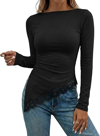 Flowyair Womens Boat Neck Long Sleeve Lace Tops Slim Fit T Shirts