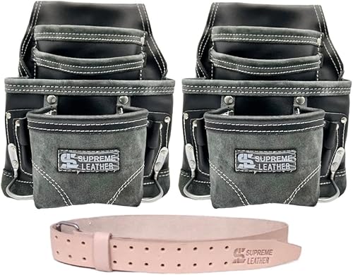 Miniatura 1 de Supreme Leather Juego de 10 bolsas de herramientas y uñas de bolsillo de cuero tostado con cinturón de herramientas de cuero de 2 pulgadas para