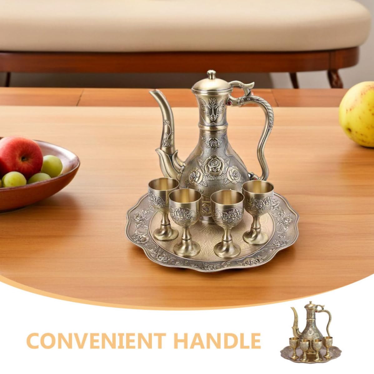 KICHOUSE Set da Liquori in Lega di Zinco con Design Vintage Elegante Oro, Include Caraffa, Bicchieri e Vassoio, Facile Manutenzione e Resistente allo Sbiadimento, per Feste e Matrimoni
