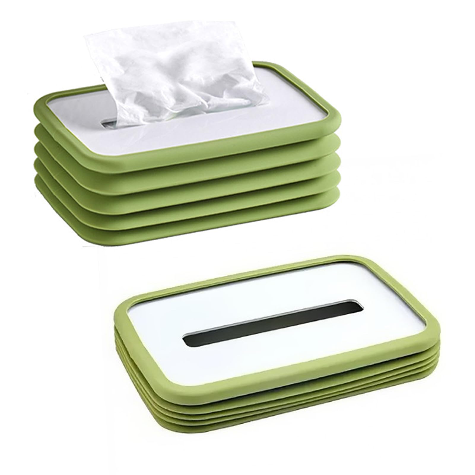 Foldable Tissue Boxes Cover Holders, Clear Tissue Holder Dispenser for Facial Tissue, Napkins, Dryer Sheets for Bathroom, Desks, Countertops, Vanity, Bedroom, Night Stands (Green)