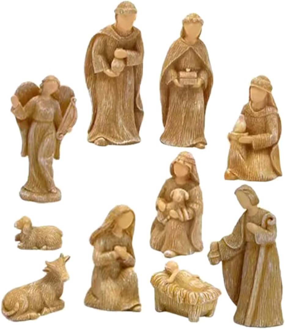 10pcs Resin Jesus Figurines Nativity Figures Small Birth of Jesus Sculptures Tabletop Christmas Village Set Religious Home Decoration