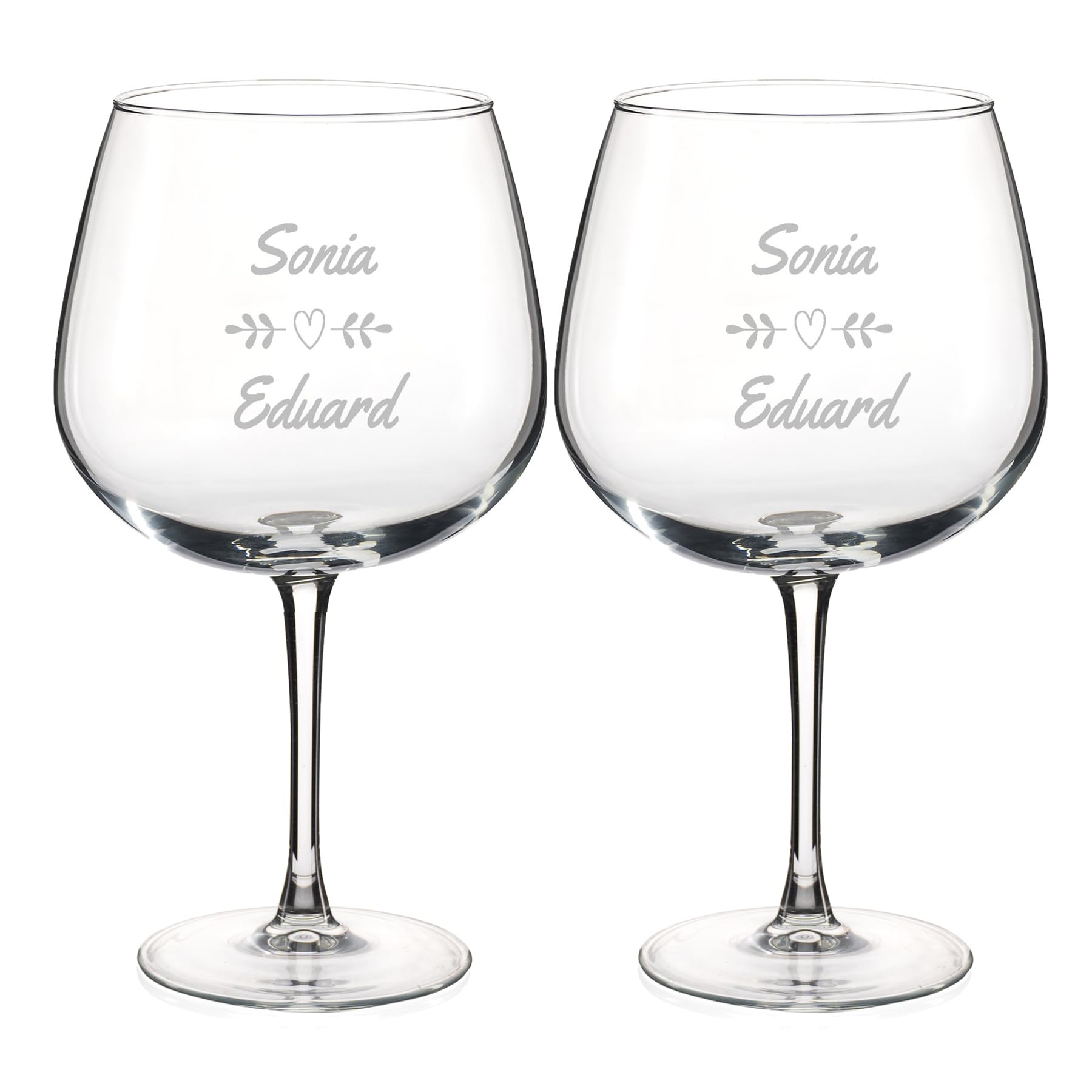 Wanapix | 2 Gin Glasses Personalised with Name| Set of 2 Engraved Glasses for Gin | Dishwasher Safe| Original Present for Engagement/Anniversary/Valentine's Day | 70cl | Love Heart