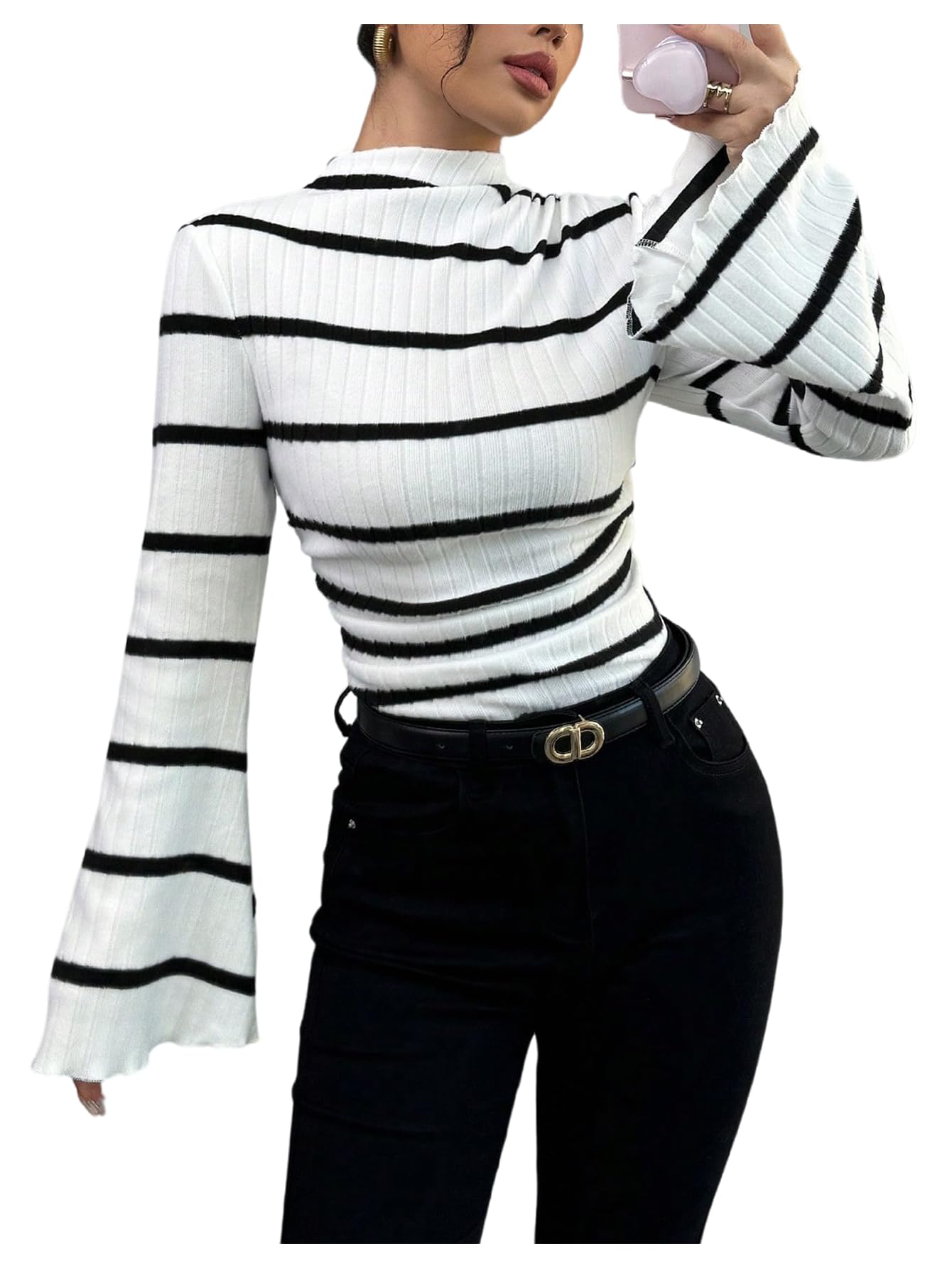 WDIRARA Womens Striped Long Bell Sleeve Sweater Mock Neck Pullover Knit Tops
