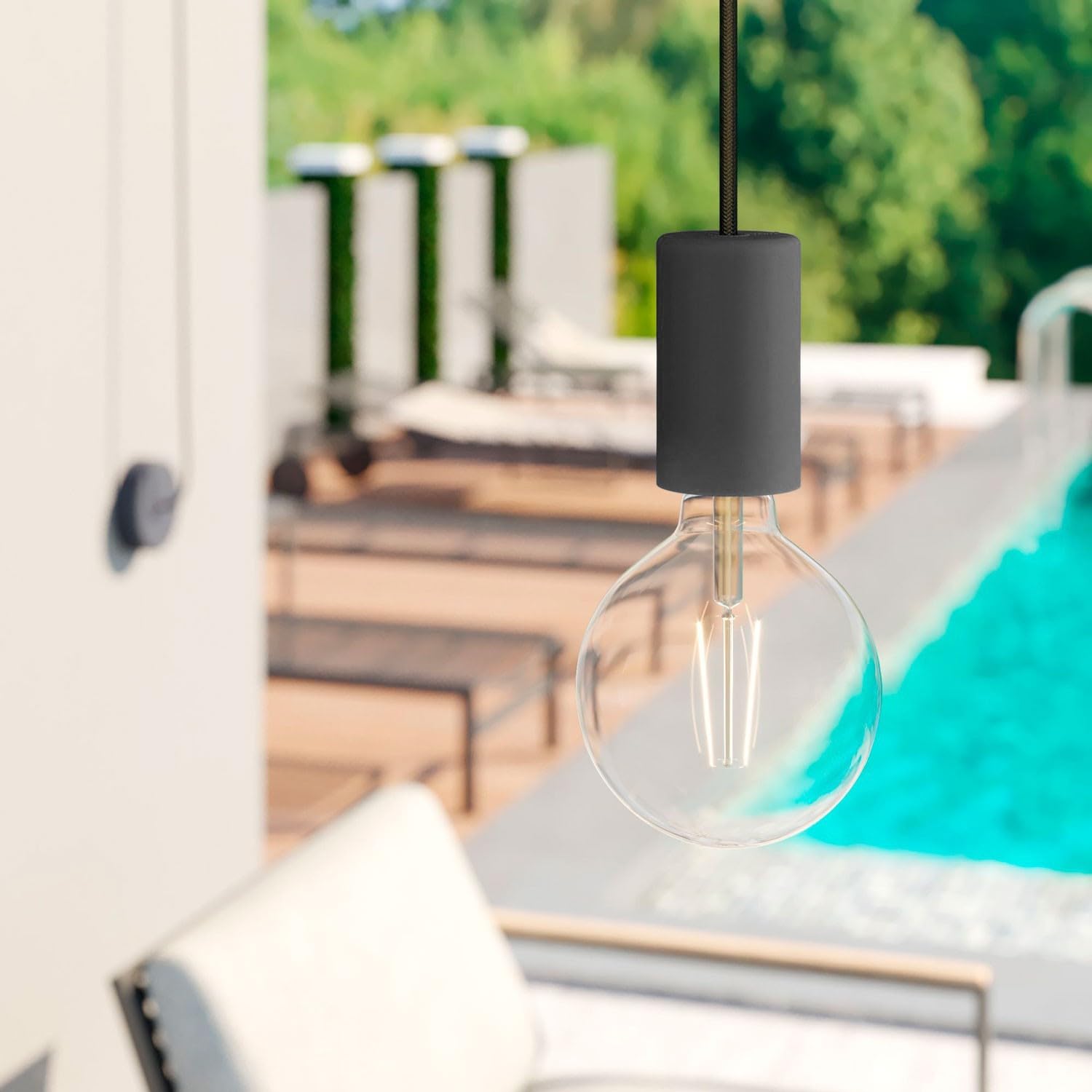 creative cables - EIVA ELEGANT Outdoor-Pendelleuchte mit 5 m Textilkabel, Deckenbefestigung, Silikon-Lampenbaldachin und Lampenfassung, IP65 - Ohne Glühbirne, Schwarz