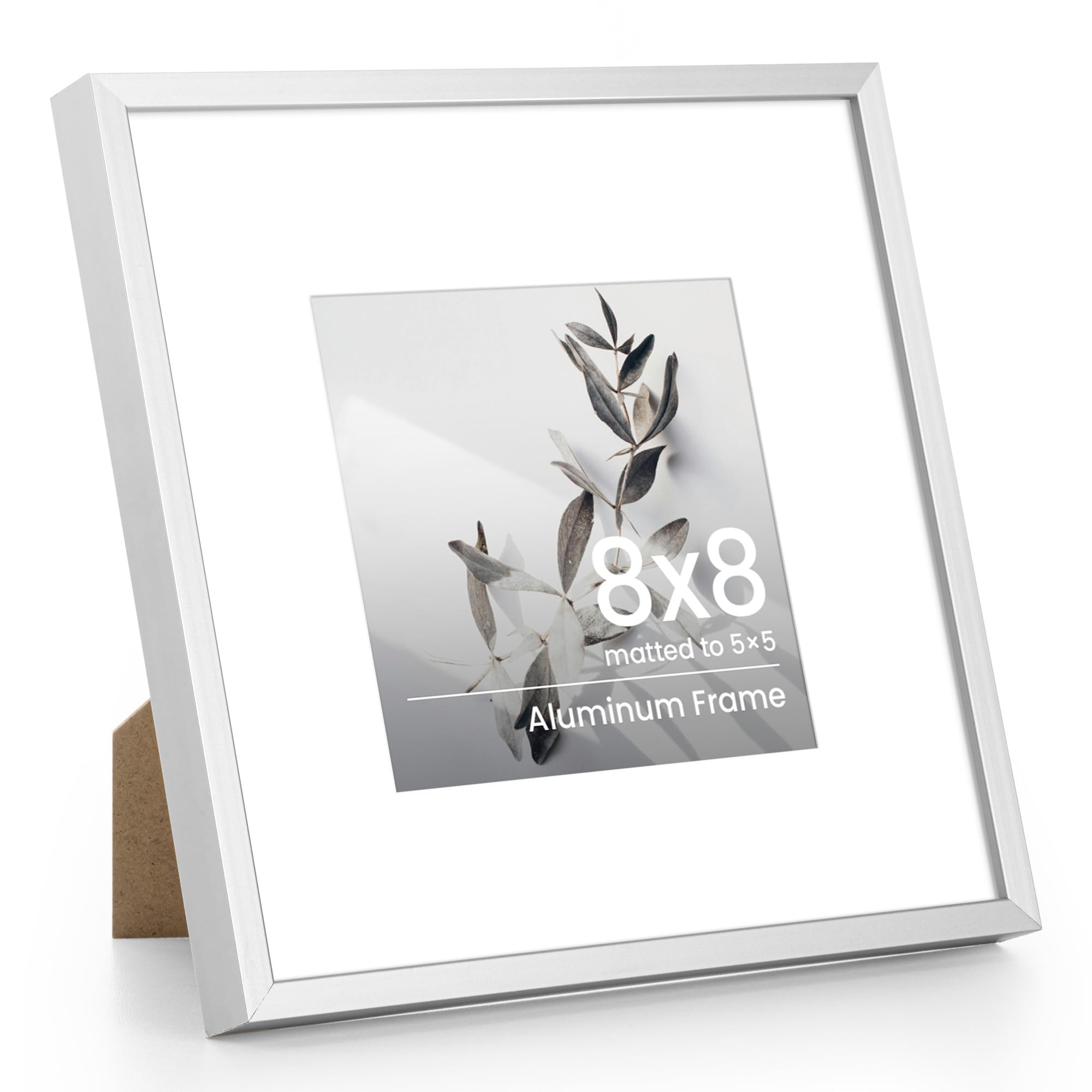 8x8 Photo Frame, Aluminium 8x8 inch Picture Frame, 8in Square Frame with Mount for 5x5 Inch with Tempered Real Glass, Tabletop & Wall Mounting Display Poster Frame for Home & Wall Decor, Silver