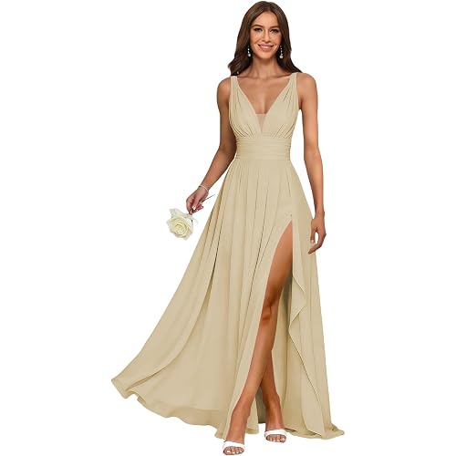 2026 Long Chiffon V Neck Bridesmaid Dress with Slit A Line Formal Dresses GO021