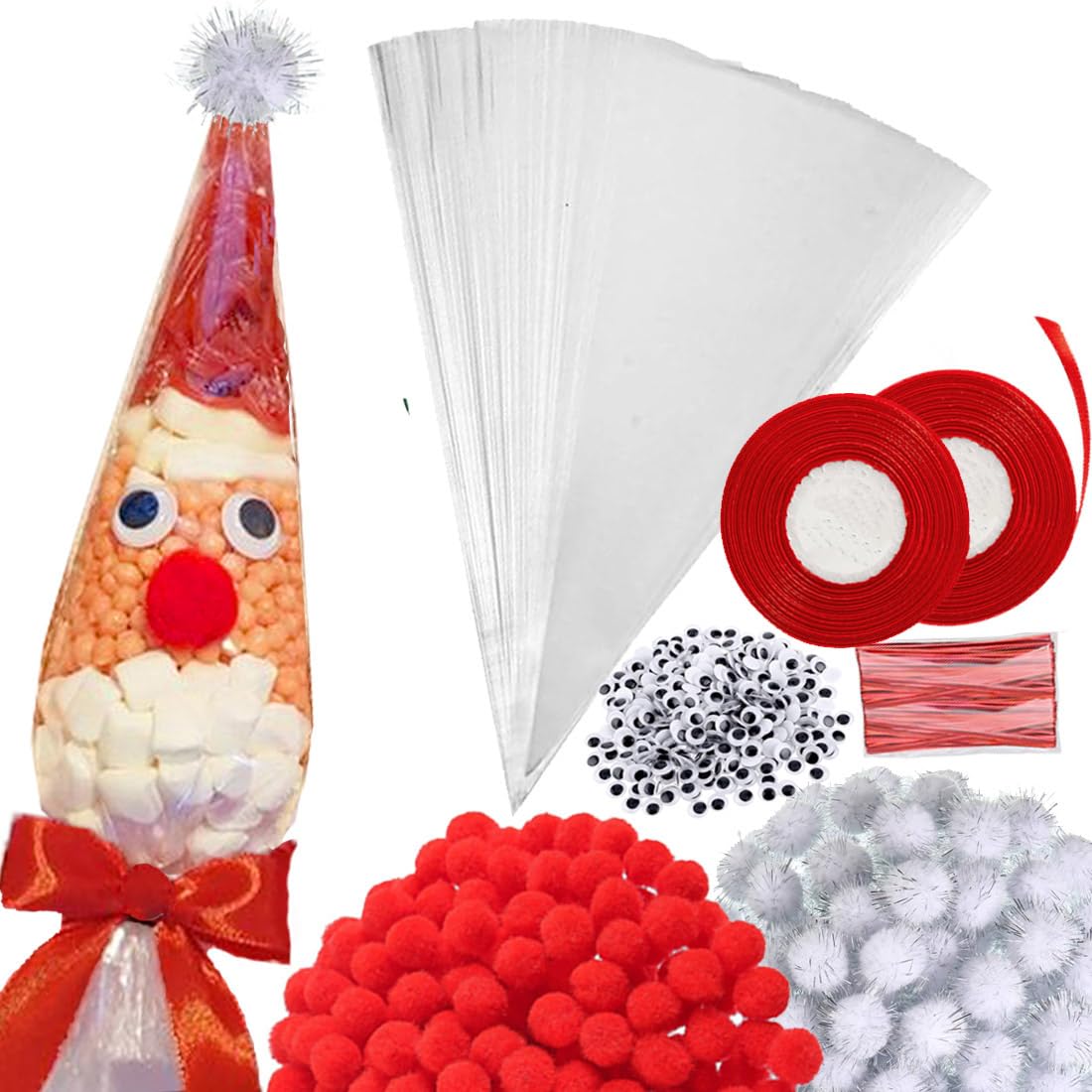 602Pcs Christmas Cellophane Treat Bags,DIY Santa Claus Cone Shaped Treat Bags with Red Ties,Black Wiggle Googly Eyes,Red White Pom Poms and Red Ribbon for Christmas Party Favor