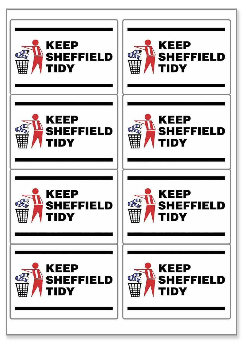 Keep Sheffield Tidy Rectangular Matt Paper Stickers A4 Sheet of 8 (Each Sticker is 99mm x 68mm) U