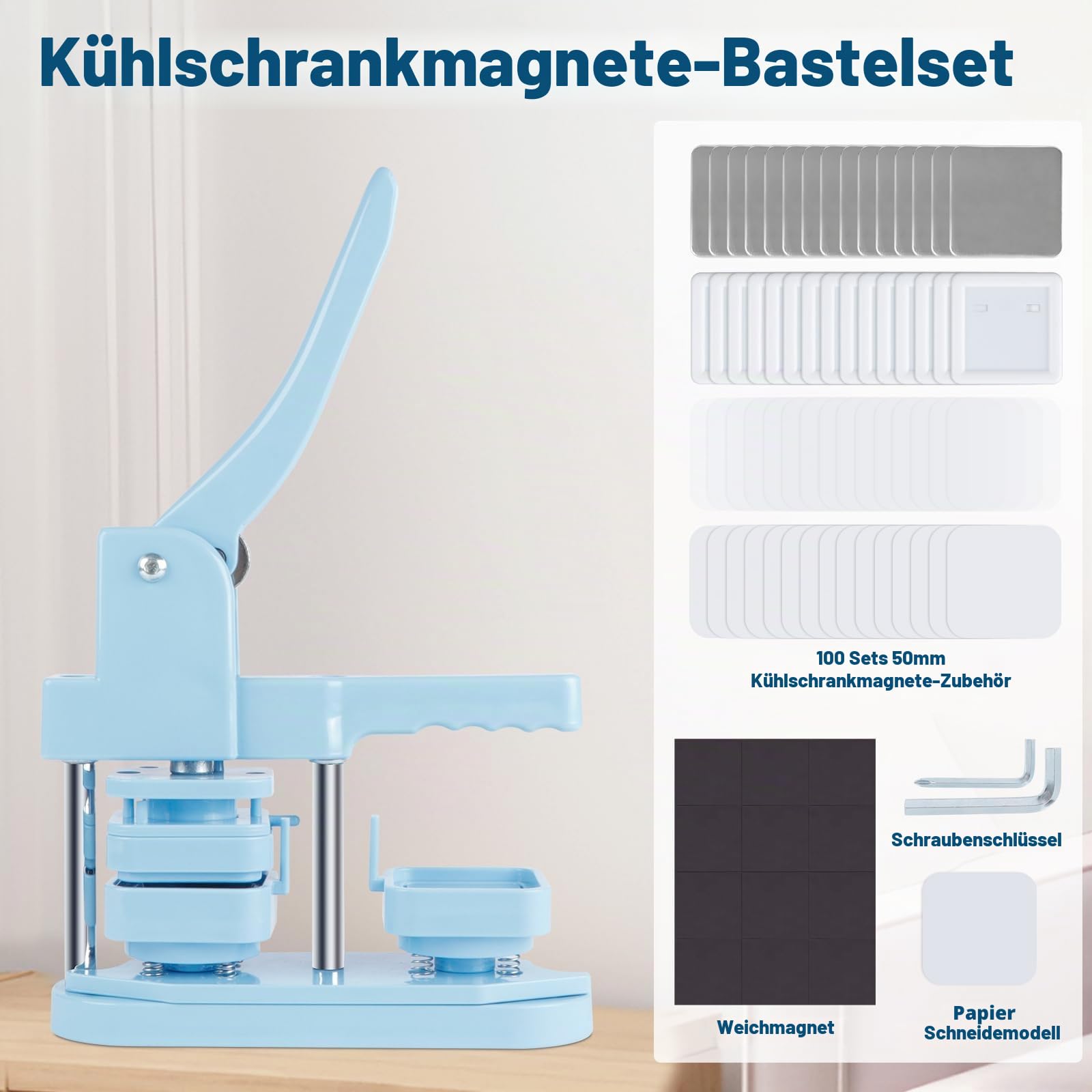 Kühlschrank-Magnet-Maschine, 50 mm, zum Herstellen quadratischer Kühlschrankmagnete, mit Zubehör für 100 Stück Kühlschrankmagnete