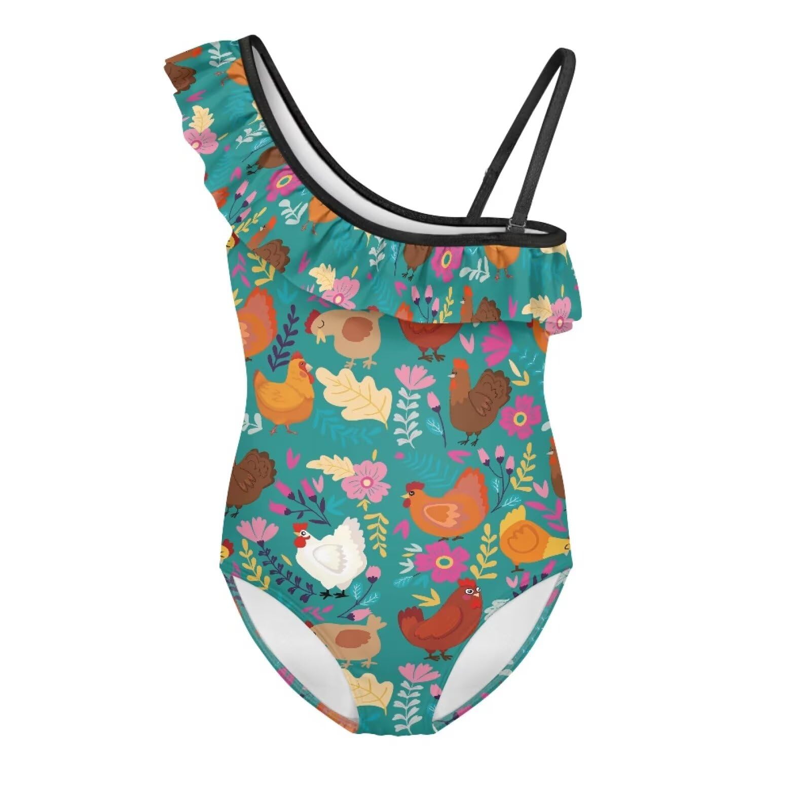 Frymappies Little Girls Rooster Hens Swimsuit 5T 6T Kids Chicken Floral One-Piece Swimwear Girls One Shoulder Ruffle Bathing Suits Adjustable Strap Beach Swimsuits Sleeveless Swim Wear
