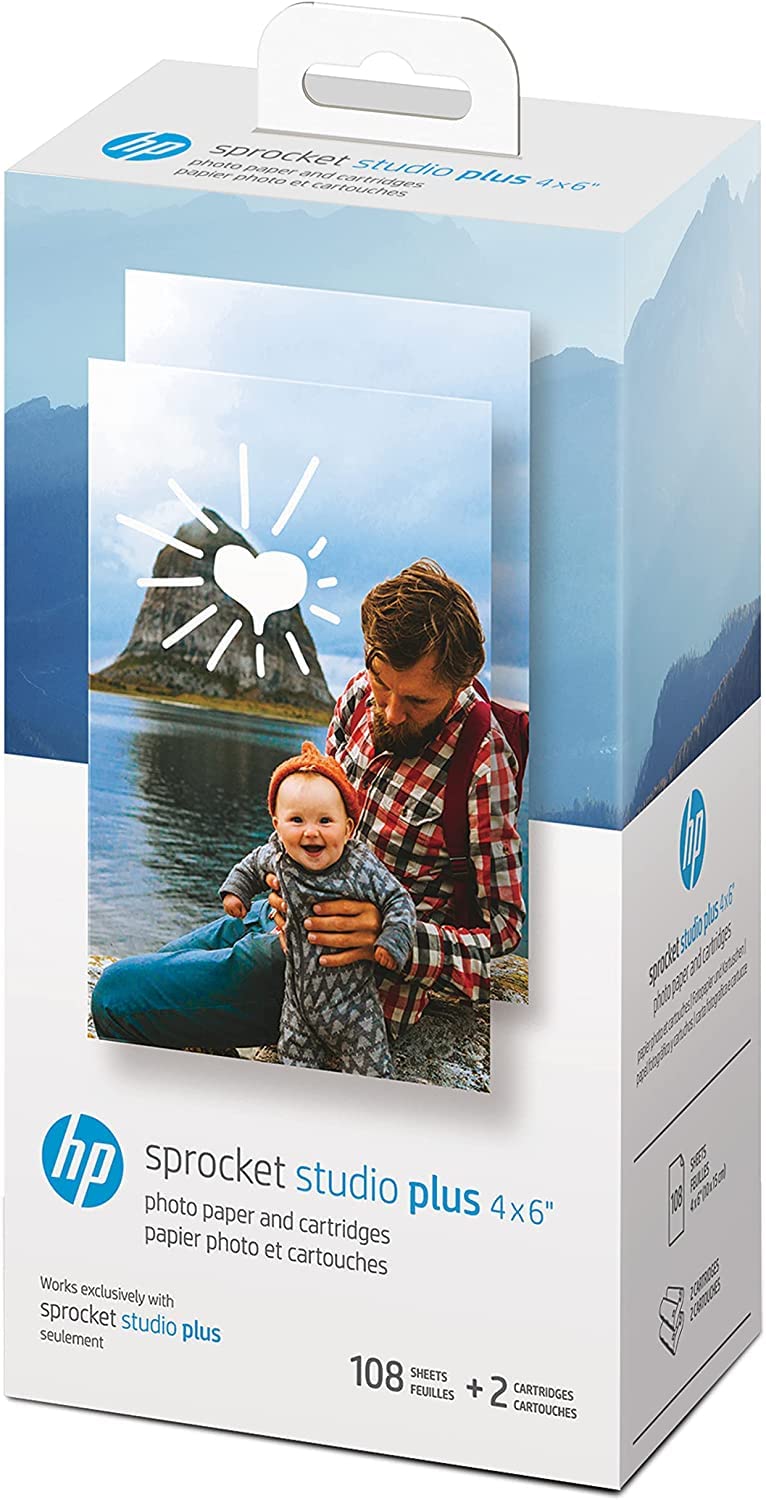 HP Sprocket Studio Plus Stampante Wi-Fi – Stampa in modalità wireless foto 4x6 + Sprocket Studio Plus 10,2 x 15,2 cm Carta fotografica e cartucce (include 108 fogli e 2 cartucce)