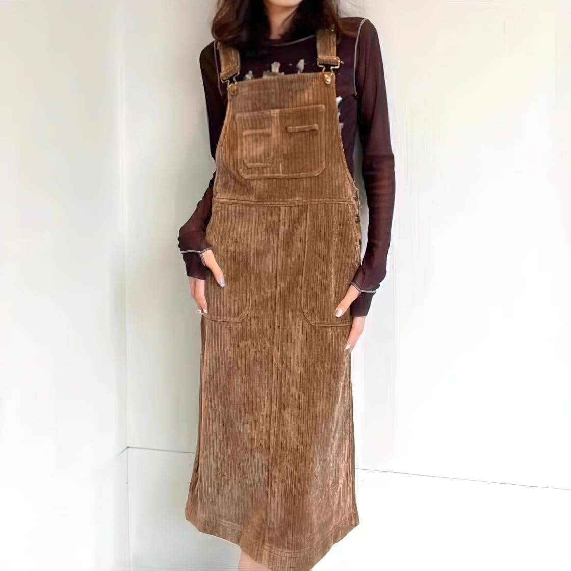 chouyatou Women's Fall Corduroy Adjustable Strap Overall Dress Pinafore Elegant Midi Tank Dress - Image 6