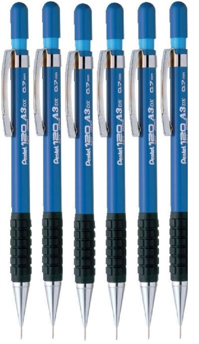 Pentel 0.7mm (A37-C) Blue 120 DX Automatic Mechanical Pencil Refillable Lead Capped Metal Clip Rubber Grip (Pack Of 6)
