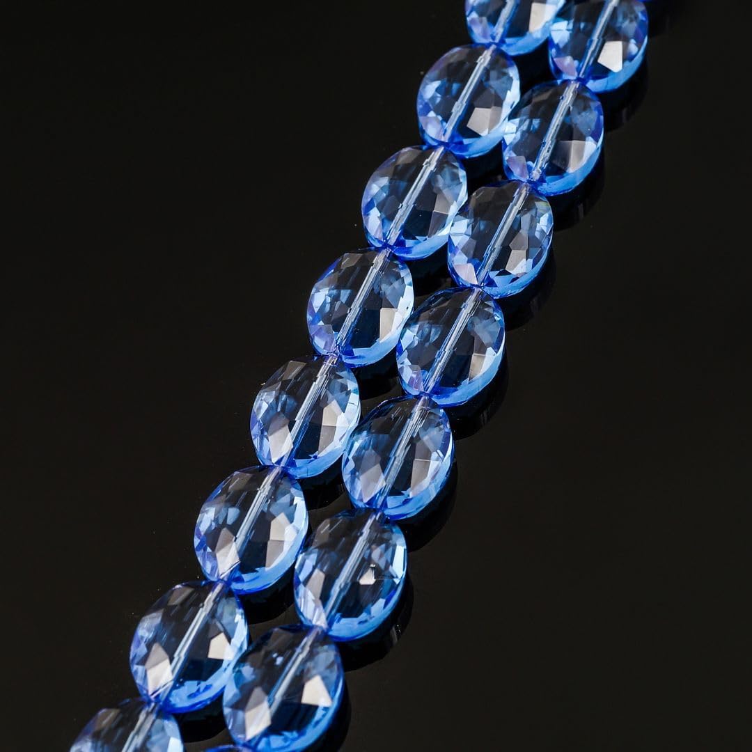 150pcs Czech 16mm Large Faceted Flat Oval Crystal Glass Loose Beads Spacer Bulk Light Sapphire Blue for DIY Jewelry Craft Making CCO-14