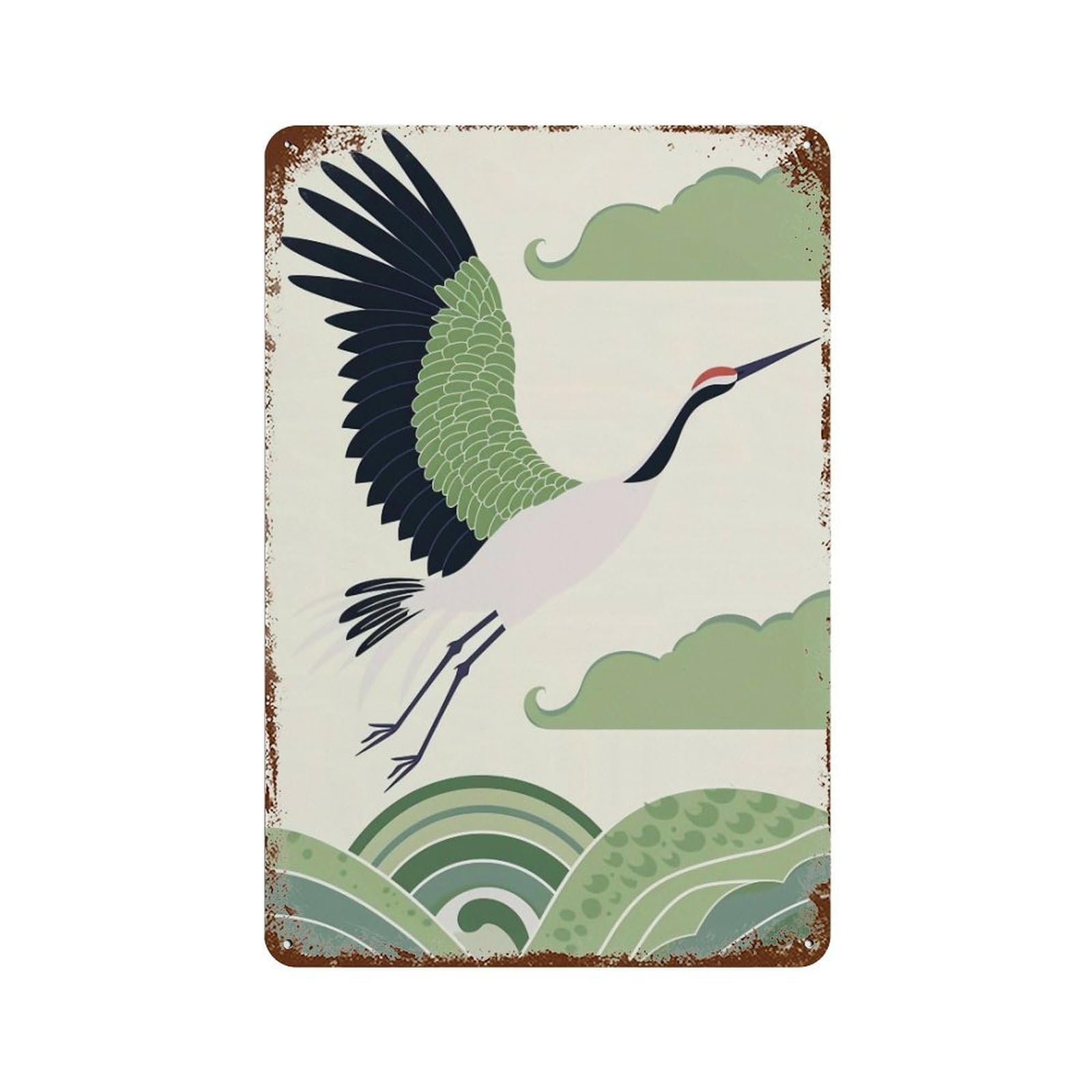 YHGERTKU Olive Green Crane Woodblock 02 Wall Art Retro Iron Vintage Metal Tin Sign Poster Modern Decor for Living Rooms Gift 30x20cm