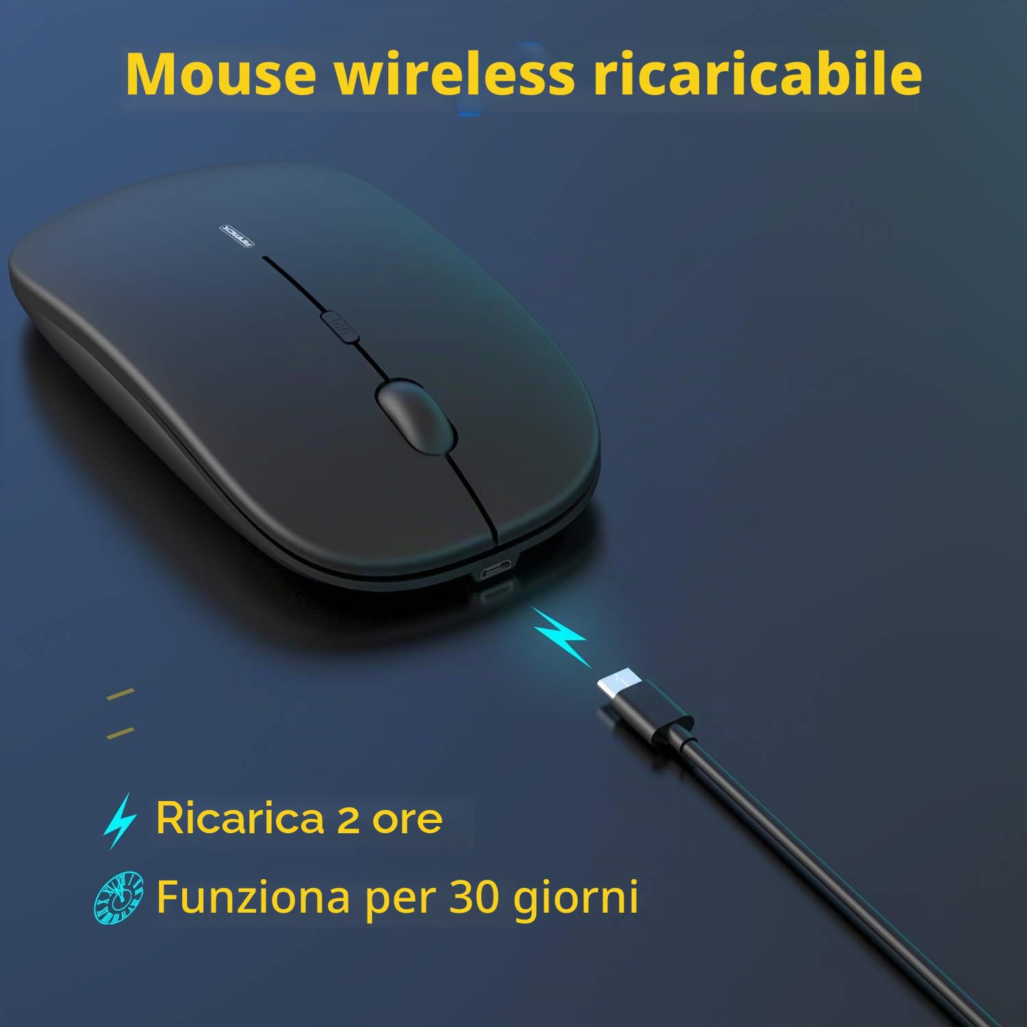 Mouse wireless silenzioso USB senza fili, sottile, ricaricabile, 10 m di distanza, 1600 DPI, 3 livelli di regolazione, silenzioso, per casa e ufficio per Windows, Mac OS e Linux, nero