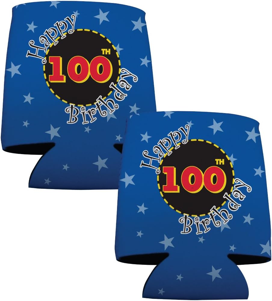 100th Birthday Can Cooler Set – 6-Pack Beverage Sleeves for 12-16oz Cans & Bottles – Foldable, Reusable, Full-Color Party Coolies by VictoryStore – Great for Over the Hill & Milestone Celebrations
