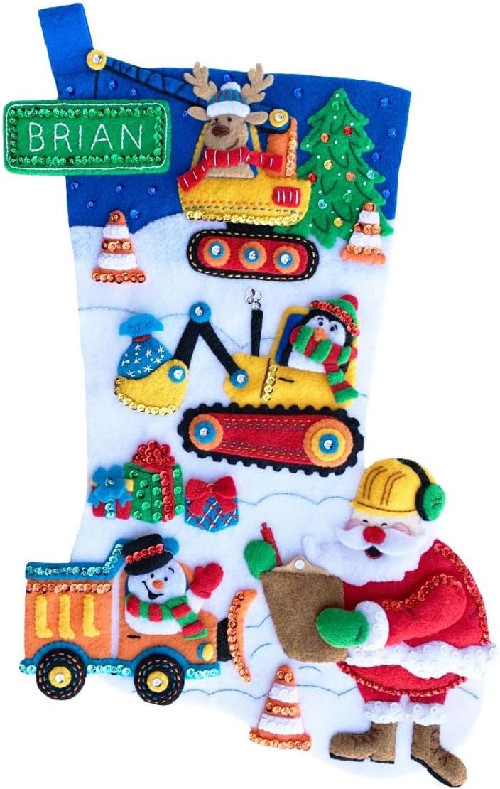 MerryStockings North Pole Construction Company 18" Felt Christmas Stocking Kit – DIY Embroidery Craft with Sequins, Beads & Instructions – Handmade Holiday Décor – Made in USA