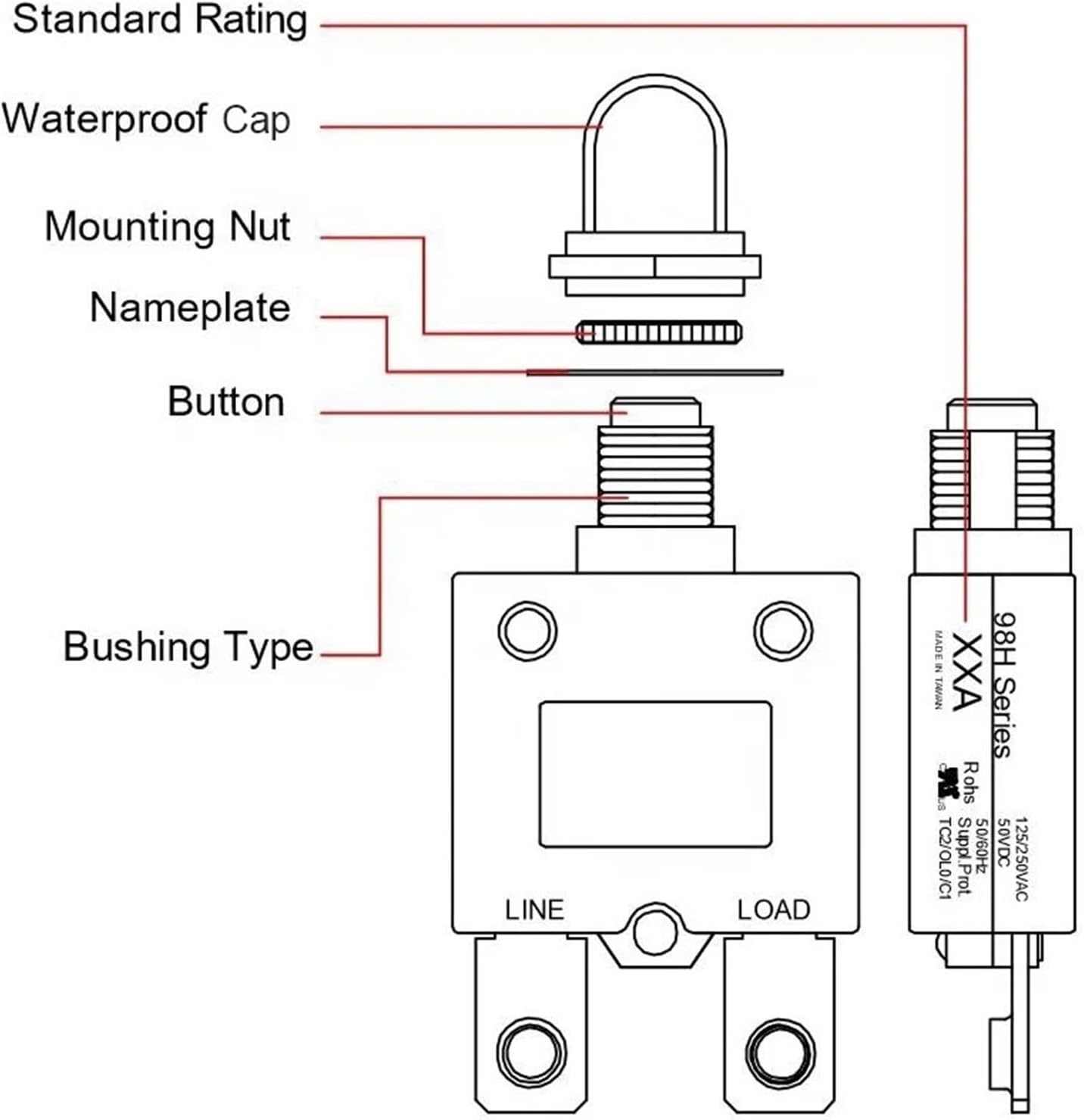 98 Series 15A Manual Reset Thermal Overload Protector Switch 3A-50A Straight Pin Screw Pin Mini Circuit Breaker(8A)