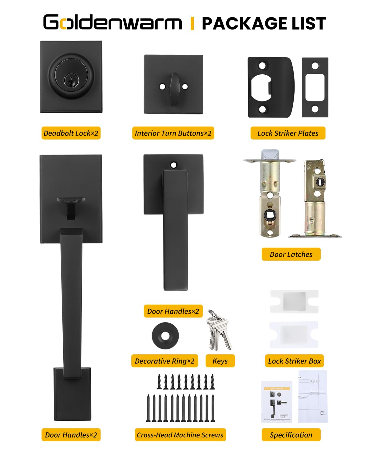 Goldenwarm Black Double Door Handle Set, Modern Double Front Door Hardware with Reversible Lever and Key Lock