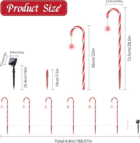 Miniatura 3 de Luces solares de bastón de caramelo de Navidad, luces rojas, paquete de 12 luces mejoradas para caminos al aire libre, 8 modos de luces de 2000 mAh,
