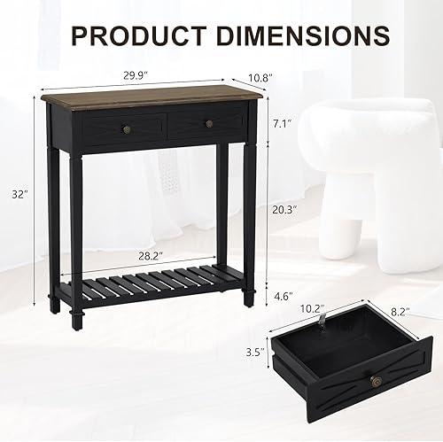 Miniatura 3 de kinbor Mesa de entrada estrecha mesa consola pequeña, mesas de consola blancas para entrada, mesa consola de granja de 3 niveles con cajón y estante