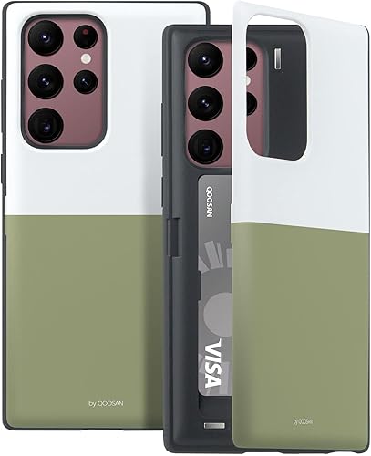 Qoosan Funda protectora delgada para Samsung Galaxy S22 Ultra con tarjetero y espejo para Samsung Galaxy S22 Ultra, color blanco